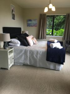 阿卡罗阿Cherrywood Cottage的卧室配有带枕头的床铺和窗户。