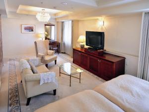 新泻万代白银酒店的带沙发和电视的客厅
