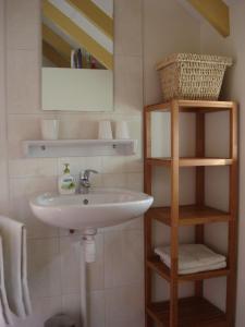 Welsum克鲁斯胡斯度假屋的一间带水槽、镜子和书架的浴室