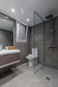 瓦伦西亚Carmen Apartment的带淋浴、卫生间和盥洗盆的浴室