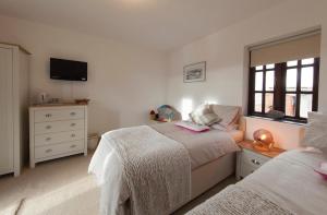 阿贝尔格莱Conwy Pen Cefn Farm Holiday的一间卧室设有两张床,墙上配有电视。