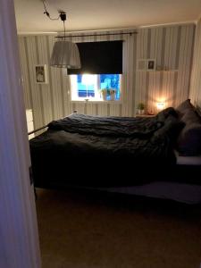 尤城Nordhagen Gate的一间卧室设有一张黑色的床和一个窗户。