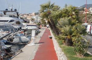 圣雷莫Casa delle Ginestre Bike的码头,有船只和棕榈树,还有人行道