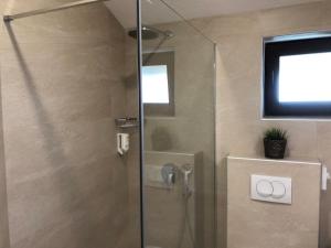普利特维采湖普利维斯米利斯旅馆的浴室设有玻璃门淋浴和电视