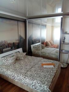 科布林Apartment on Pushkina 7的一间卧室设有两张床和大镜子