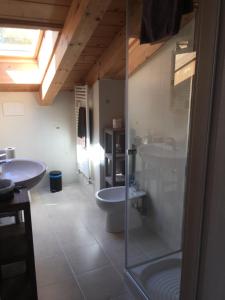 莫内利亚Ca' di Bianca的浴室配有2个盥洗盆、卫生间和淋浴。