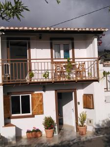 El PuebloApartamento El Almendrero的带阳台和盆栽植物的白色房屋