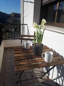 丘利利亚APARTAMENTO LOS NARCISOS的阳台上的木桌,上面有杯子和植物