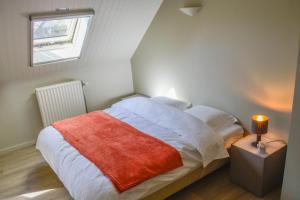 HorebekeB&B Onderweg的一间卧室配有一张带红色毯子的床和窗户。