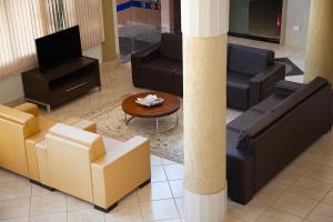阿普卡拉纳Apucarana Palace Hotel的客厅享有高空的景色,配有沙发和电视