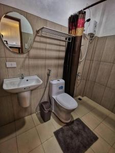 科隆Bakawan Hostel的一间带卫生间、水槽和镜子的浴室