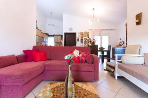 斯卡拉拉乔伊Villa Efi的客厅配有紫色沙发和花瓶