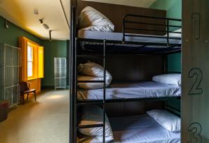 伦敦维多利亚白渡轮酒吧爱情旅舍的带两张双层床的绿色墙壁客房