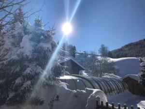 拉克吕萨Hôtel Chalet Alpage的雪覆盖的树后,有火车照亮了太阳