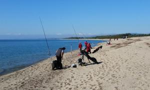 克罗托内L'isola di Gaia的一群人带着狗在海滩上钓鱼
