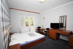 库瑞尼卡慕斯卡Pensjonat Resident的一间卧室配有一张床、一张书桌和一台电视