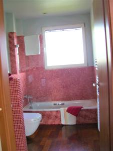 Usedom Town哈弗边纱架庭院公寓的一间带红色瓷砖浴缸和窗户的浴室