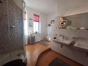 施特拉尔松德Apartments am Sund的一间带两个盥洗盆和淋浴的浴室