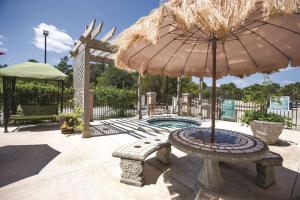 巴拿马城海滩La Quinta by Wyndham PCB Coastal Palms的一个带长凳和遮阳伞的庭院和一个游泳池。