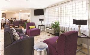 迈阿密迈阿密机场东拉昆塔套房酒店的一间带紫色椅子的客厅和一间用餐室
