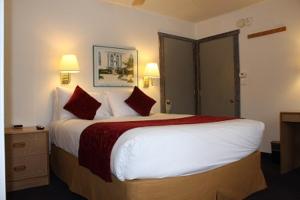 阿斯潘圣莫里茨旅舍及公寓的酒店客房配有一张带红色枕头的大床