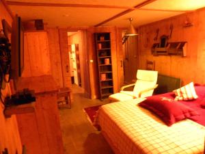 蒂涅CHALET GRINCH 90m2, 3 Sdb, skis aux pieds, wifi的一间卧室配有一张床和一把椅子