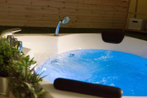 卡斯泰尔梅扎诺Helvetia Bed & Breakfast的浴室水槽设有蓝色液体的水龙头