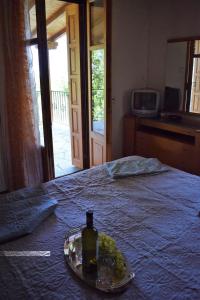 霍里顿Holiday Home Dionysis的床上一盘葡萄和一瓶酒