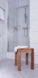 海尔巴德海利根斯塔特Urlaubspension 'Hohes Rott' und Apartmenthaus的带淋浴的浴室以及淋浴前的长凳
