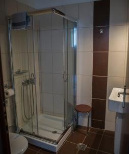 普雷韦扎米诺斯酒店的浴室内带凳子的淋浴间