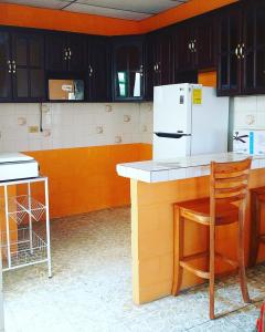 圣萨尔瓦多多纳玛塔住宿加早餐旅馆的厨房配有柜台和白色冰箱。