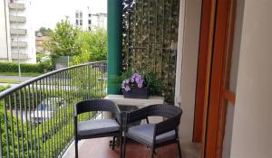 比萨Casa Excalibur的阳台配有两把椅子和一张桌子,种植了植物