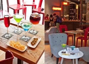 巴塞罗那动物园基本精致酒店的两张酒杯和餐桌上的美食照片