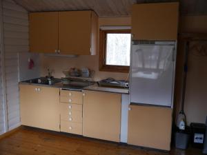 韦斯特罗斯Café Björnen的厨房配有棕色橱柜、水槽和冰箱。