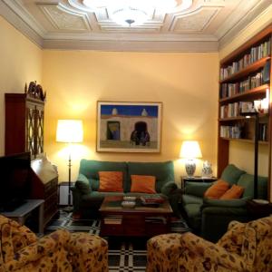 佩德雷尔Casa singular Doña Lola的客厅配有绿色沙发和书架