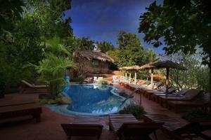 巴加普莱德桑村温泉度假酒店的一个带躺椅的游泳池,一个度假村