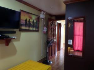 San IsidroSailfishbay Surf And Big Game Fishing Lodge的带电视的客厅和带桌子的房间。
