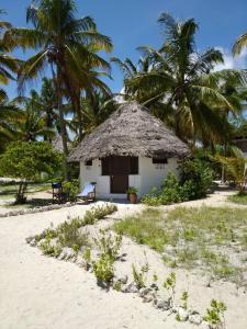 Kilwa MasokoKilwa Beach Lodge的棕榈树海滩上的一个小小屋
