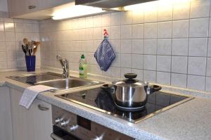 巴特维塞Ferienwohnungen Budererhof的厨房柜台设有水槽和炉灶上的锅