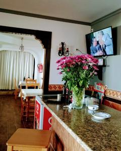 莫哈卡尔Hospedería Ancladero的厨房在柜台上摆放着粉红色花瓶