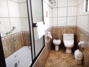 瓦拉斯科隆巴酒店的浴室配有卫生间、淋浴和盥洗盆。