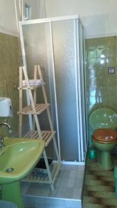 迈索尼Residenza Monopati Beach Methoni Pierias的浴室配有绿色水槽、卫生间和淋浴。