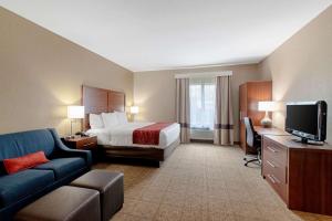 弗雷德里克斯堡Comfort Inn & Suites and Suites Fredericksburg的酒店客房配有床、沙发和电视。