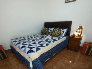 蒂尔卡拉Tilcara Hostal Niña Coya的一间卧室配有一张带蓝色和白色被子的床