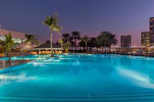 阿布扎比Beach Rotana Residences的一座棕榈树大型游泳池,享有城市天际线
