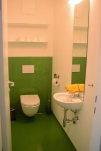 沃尔特湖畔佩莎赫希码头公寓的绿色浴室设有卫生间和水槽