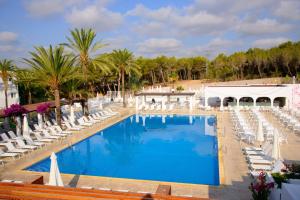 卡拉林亚伊维萨岛卡拉莱亚度假酒店的一个带白色躺椅的大型游泳池,棕榈树
