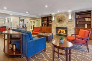 奥本Comfort Inn Auburn-Worcester的客厅配有沙发、椅子和壁炉