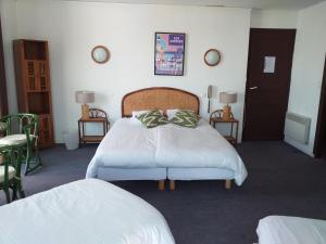 卡纳克罗切酒店的一间卧室配有带白色床单和绿色枕头的床。