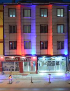 埃迪尔内Balkan Palace Edirne的前面有彩色灯的建筑